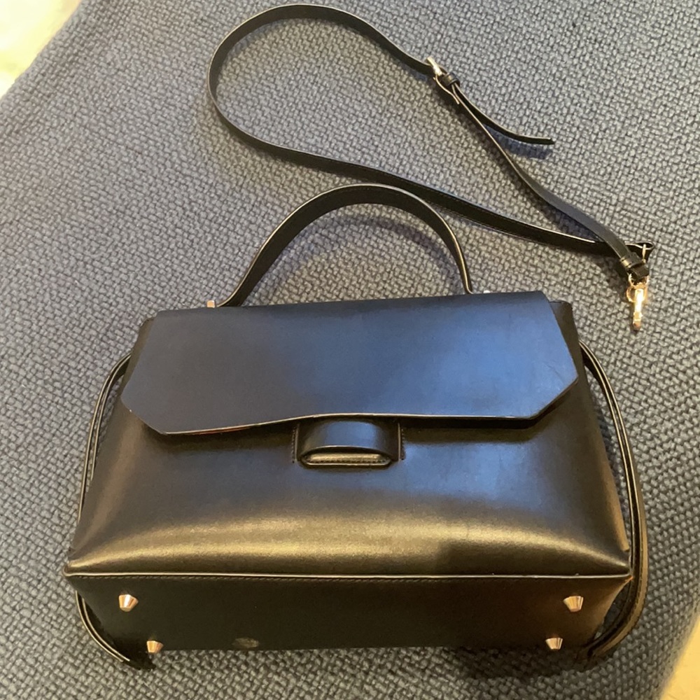 ZARA Black Structured Satchel | Detachable Strap Suede Interior | Minimal Bag